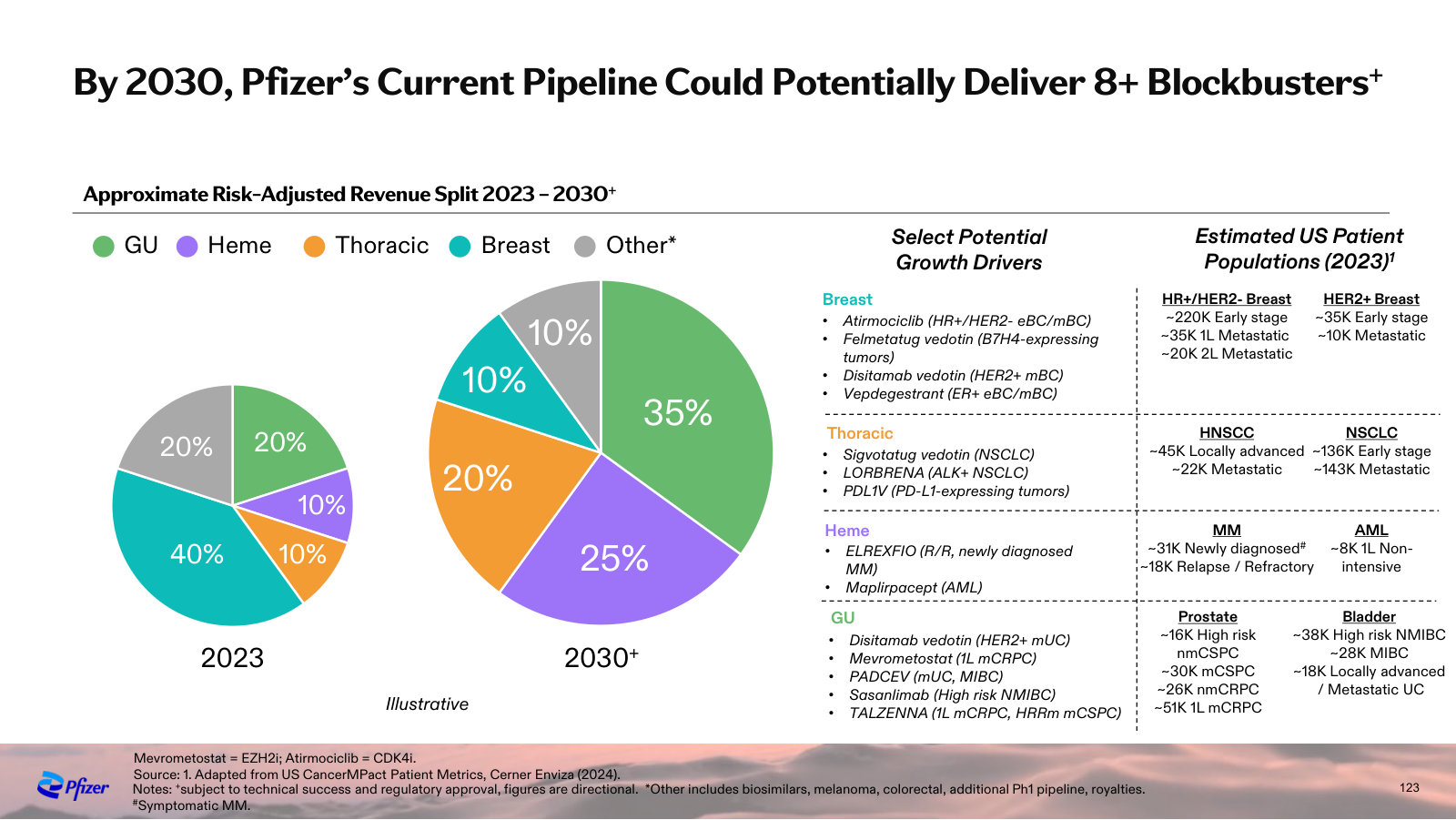 The 8+ blockbuster case broken out by tumor area, with the drivers and US patient populations behind each.
